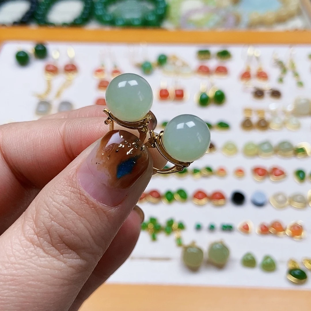 和田玉耳饰银S925镶嵌