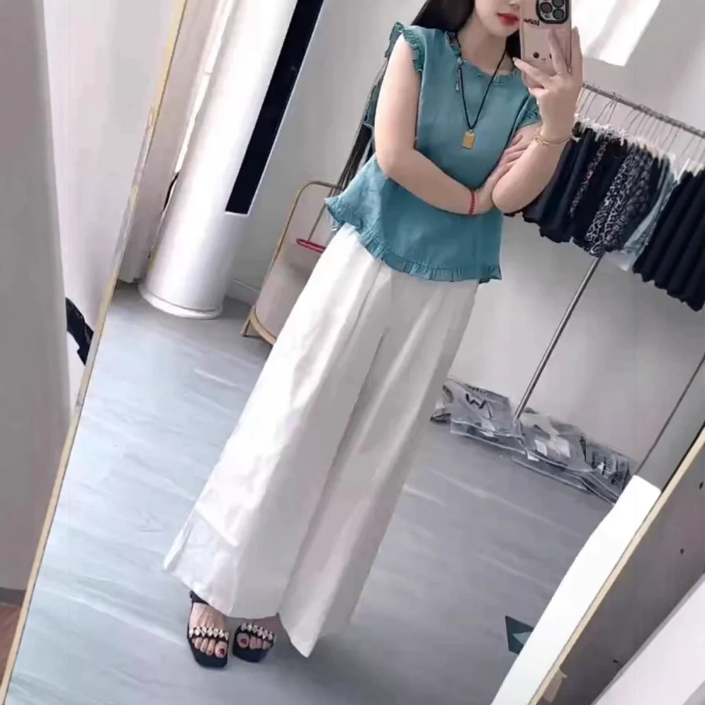 韩系简约设计感木耳边无袖上衣阔腿裤女2025夏季新款洋气宽松套装