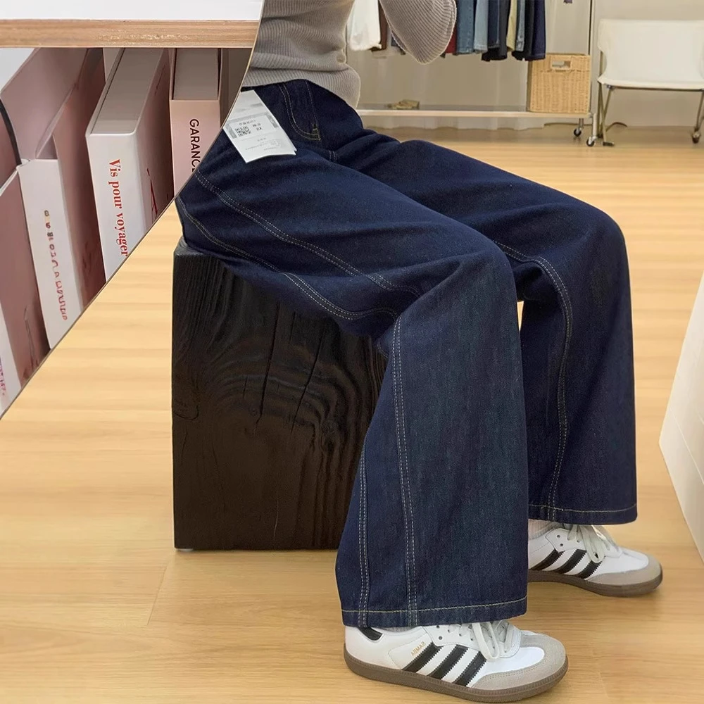 港风复古深蓝高腰阔腿牛仔裤女2024秋季小个子慵懒宽松直筒长裤子