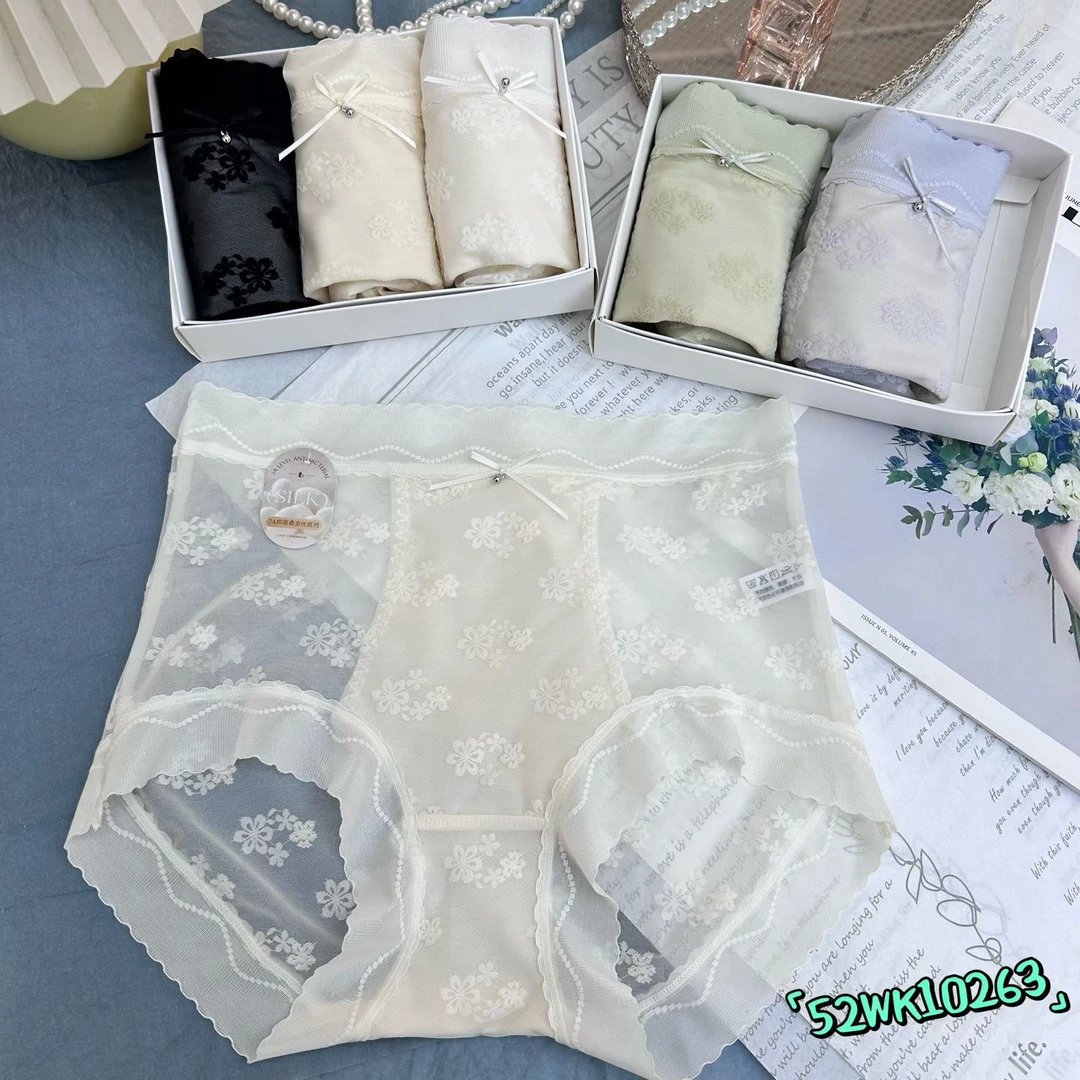 白岛集10263高腰提花棉感蕾丝内裤时尚舒适透气女士三角内裤包臀