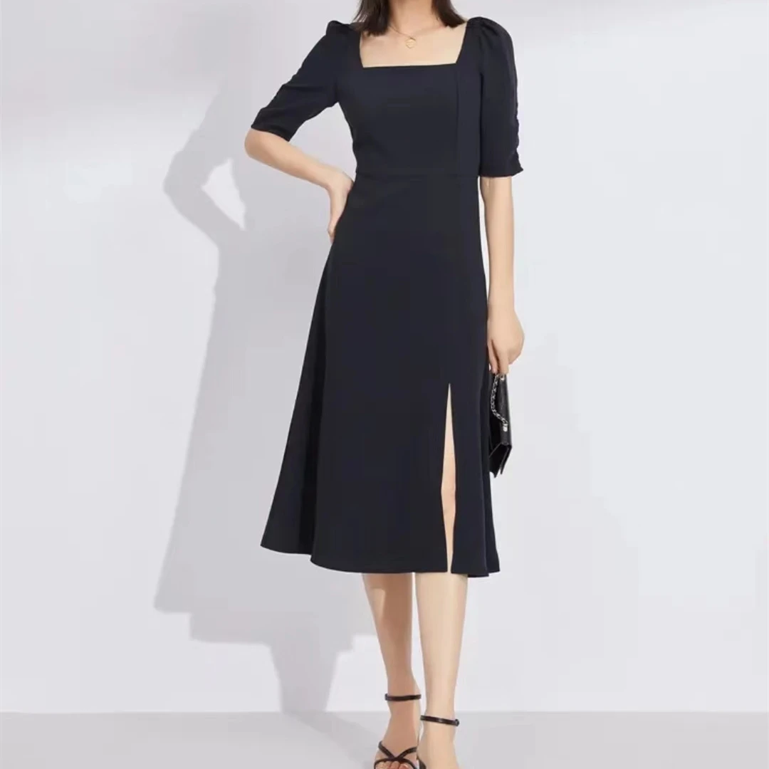 【商场同款】气质一字领小黑裙夏季长款碎花短袖开叉连衣裙5500406