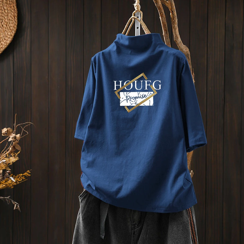 五分袖爆款2025新款大码正肩夏季印花宽松显瘦上衣女士半高领t恤