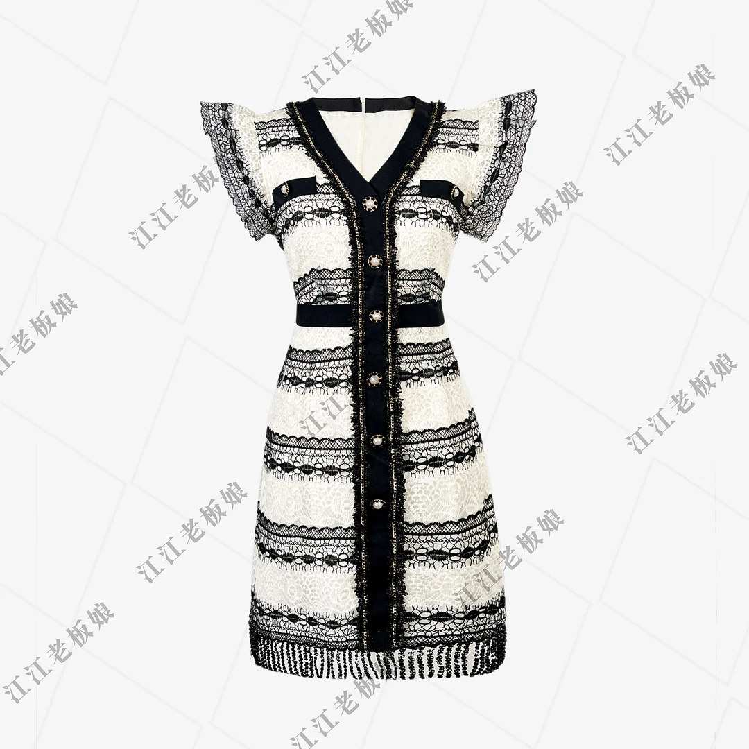 NIMOSHI莎莎欧式小众飞飞袖设计黑白拼接条纹修身连衣裙Q1388