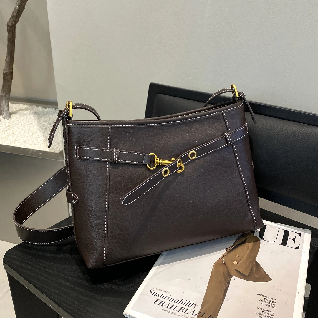 真皮斜挎包纯色轻奢风女包托特包斜跨包女士复古百搭3331