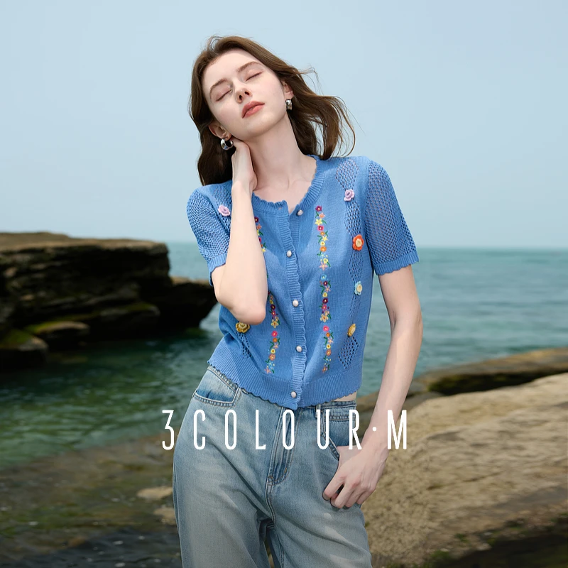 三彩2025夏季新款镂空花朵针织衫蓝色短袖毛衫多巴胺开衫上衣女M