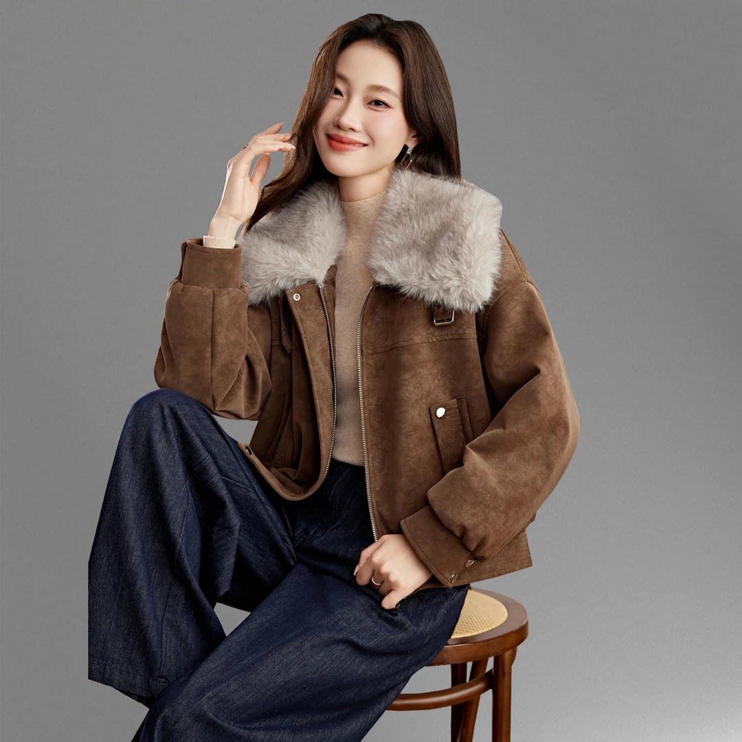 麂皮绒大毛领棉服女短款2025冬季新款宽松休闲小个子保暖棉衣外套