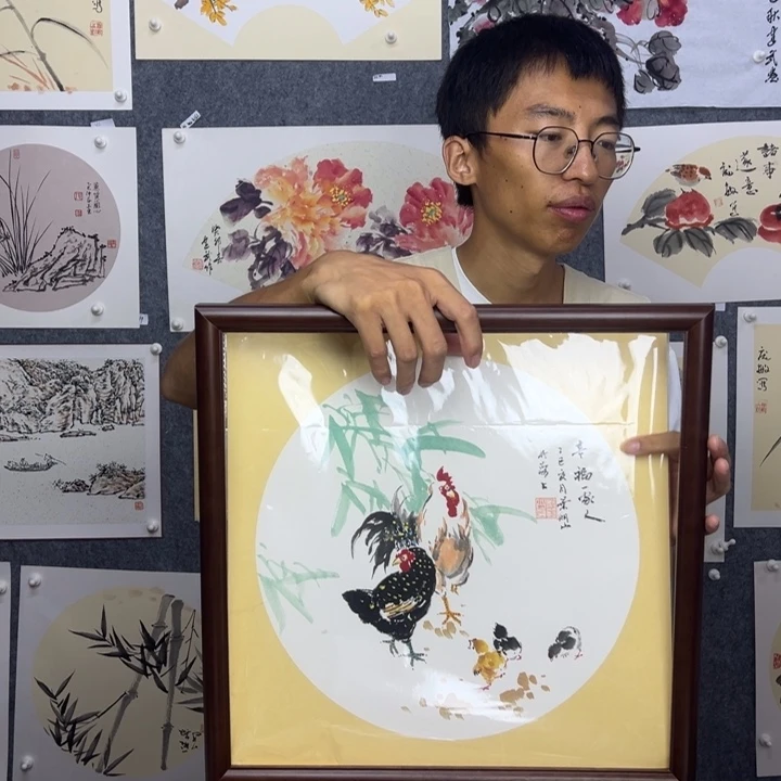国画纯手绘幸福一家【41*41】送框