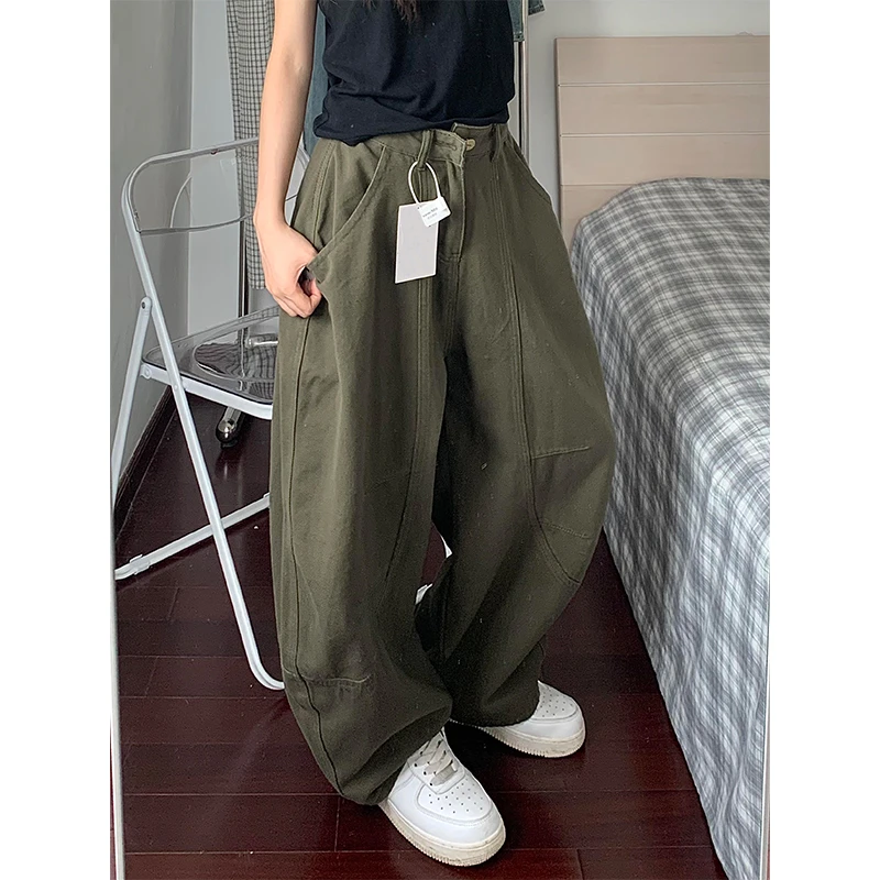 设计感复古水洗工装牛仔裤女2025夏秋新款军绿色宽松百搭阔腿长裤
