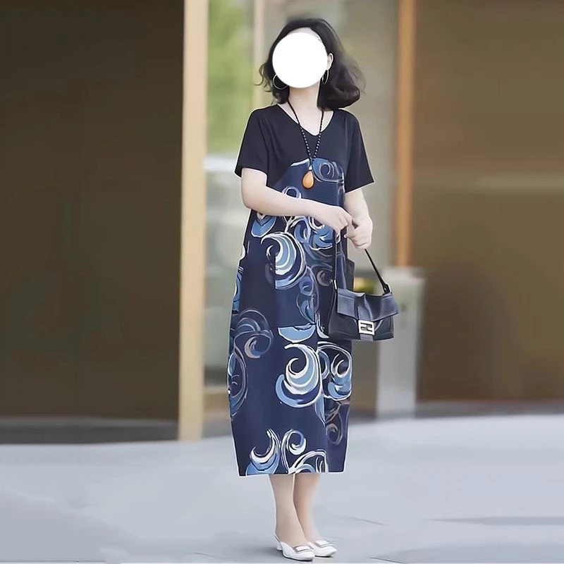 高贵简约气质妈妈女装连衣裙2025夏新款大码v领遮肉遮肚子长裙子