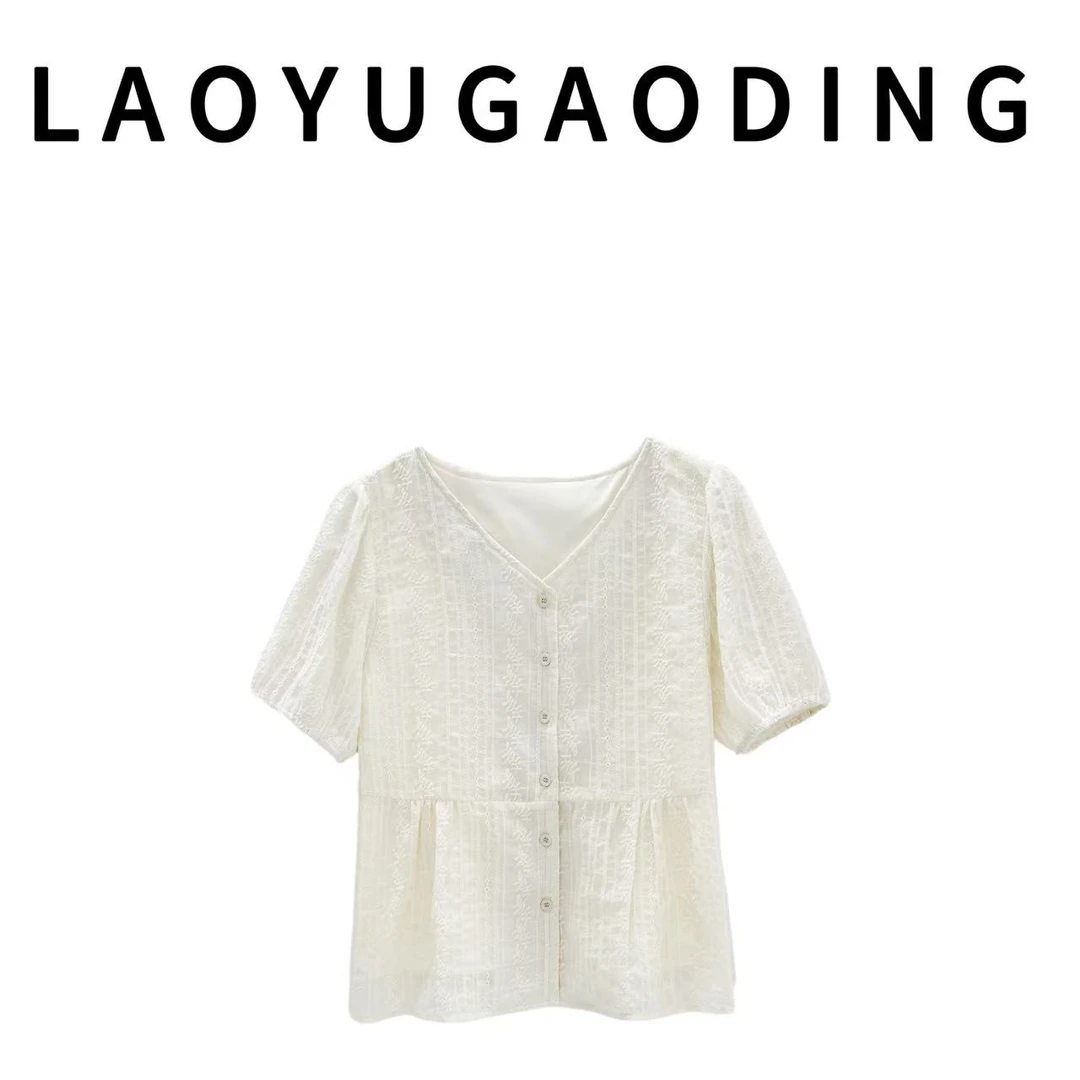 【LAOYUGAODING】高品质-2508法式短袖针显瘦V领刺绣雪纺衬衫镂空