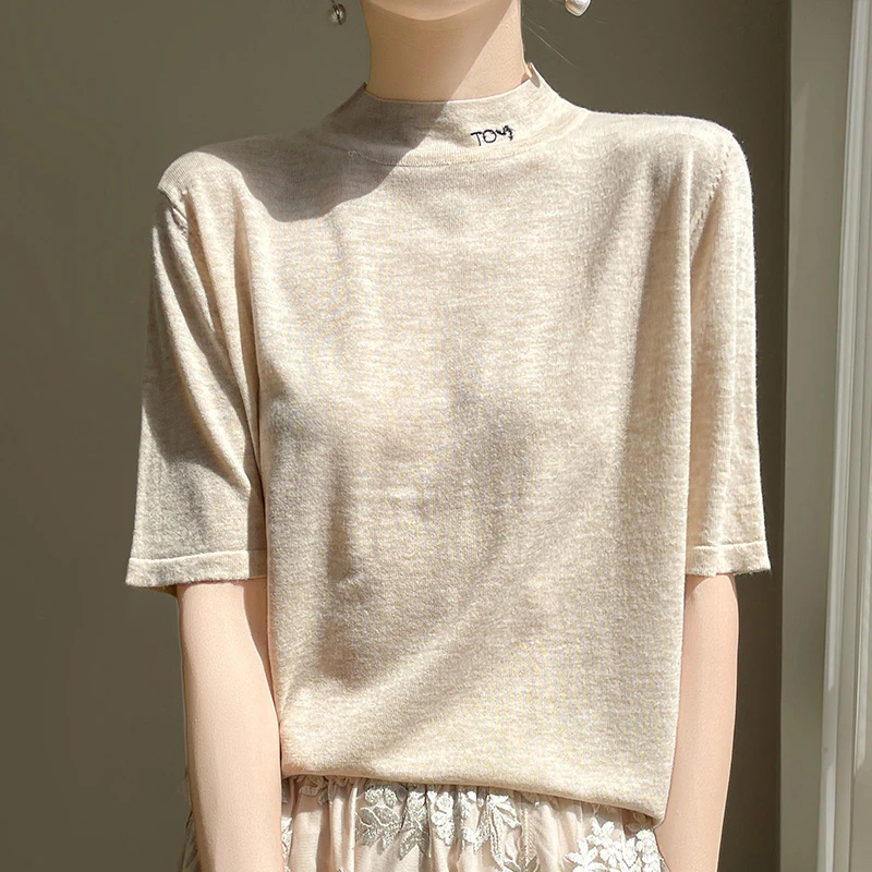 羊范半高领精纺羊毛针织五分袖女纯色刺绣打底衫宽松短袖T恤上衣