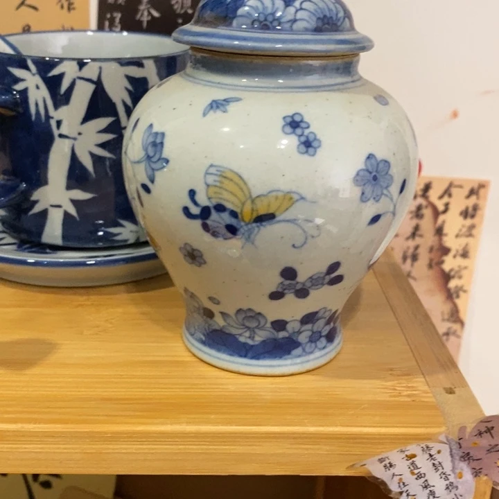 青花瓷景德镇手绘蝴蝶茶叶罐