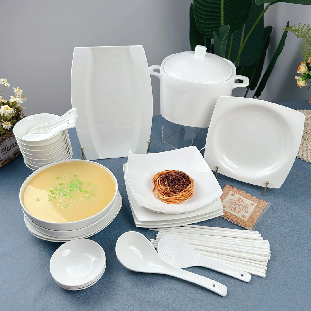 景德镇纯白异形骨瓷家用碗盘餐具套装菜盘子碗盘碟子简约大气轻奢