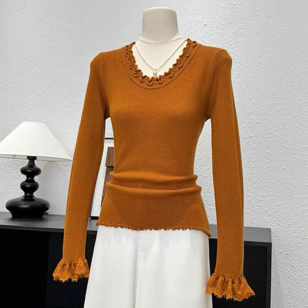 韩系设计款蕾丝拼接袖子双层木耳边长袖针织