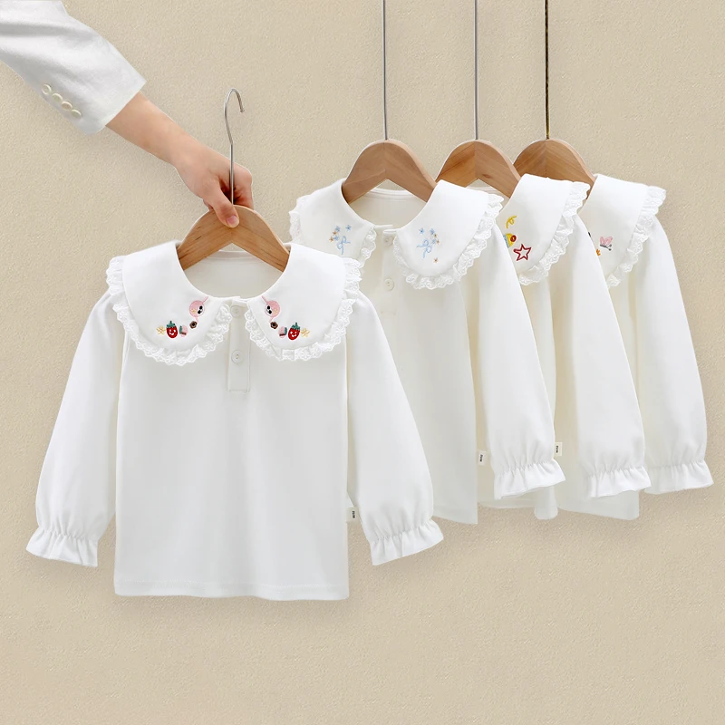 儿童polo衫长袖小女宝衣服秋冬季纯棉白色大翻领娃娃领打底衫女童