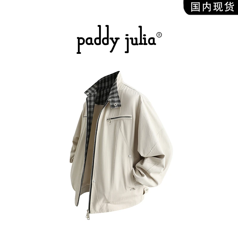 Paddy julia美式休闲夹克男秋季格纹拼接设计感外套轻奢痞帅男装