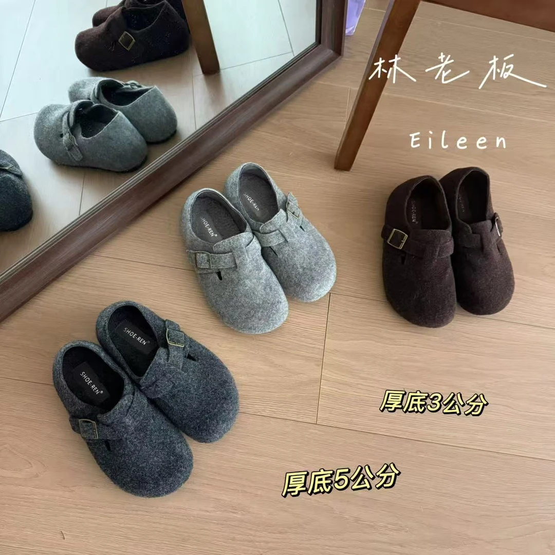 毛呢加绒版~森系全包内增高勃肯鞋女秋冬博肯一脚蹬加绒保暖棉鞋