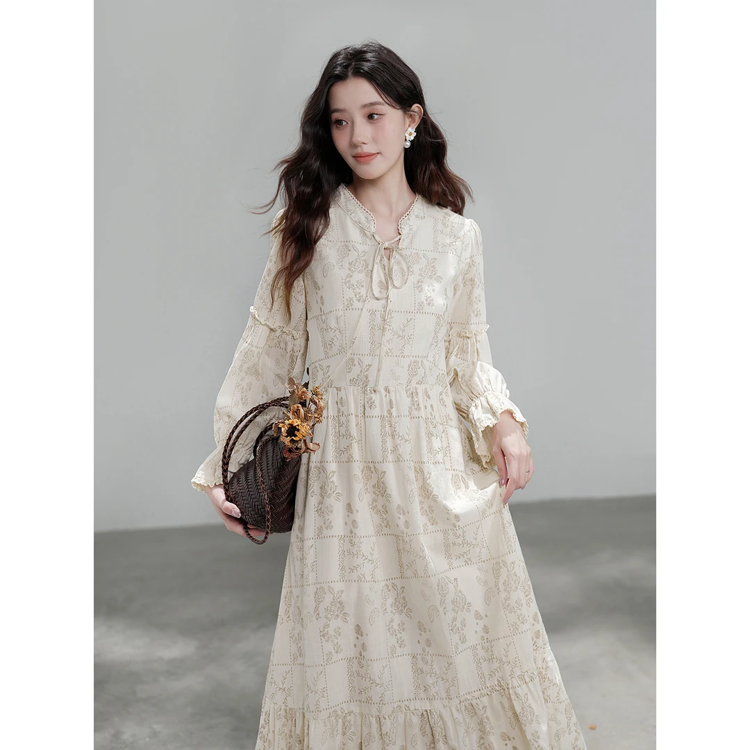 木易易【清仓】度假风复古碎花V领连衣裙女秋季美拉德长裙MY24598