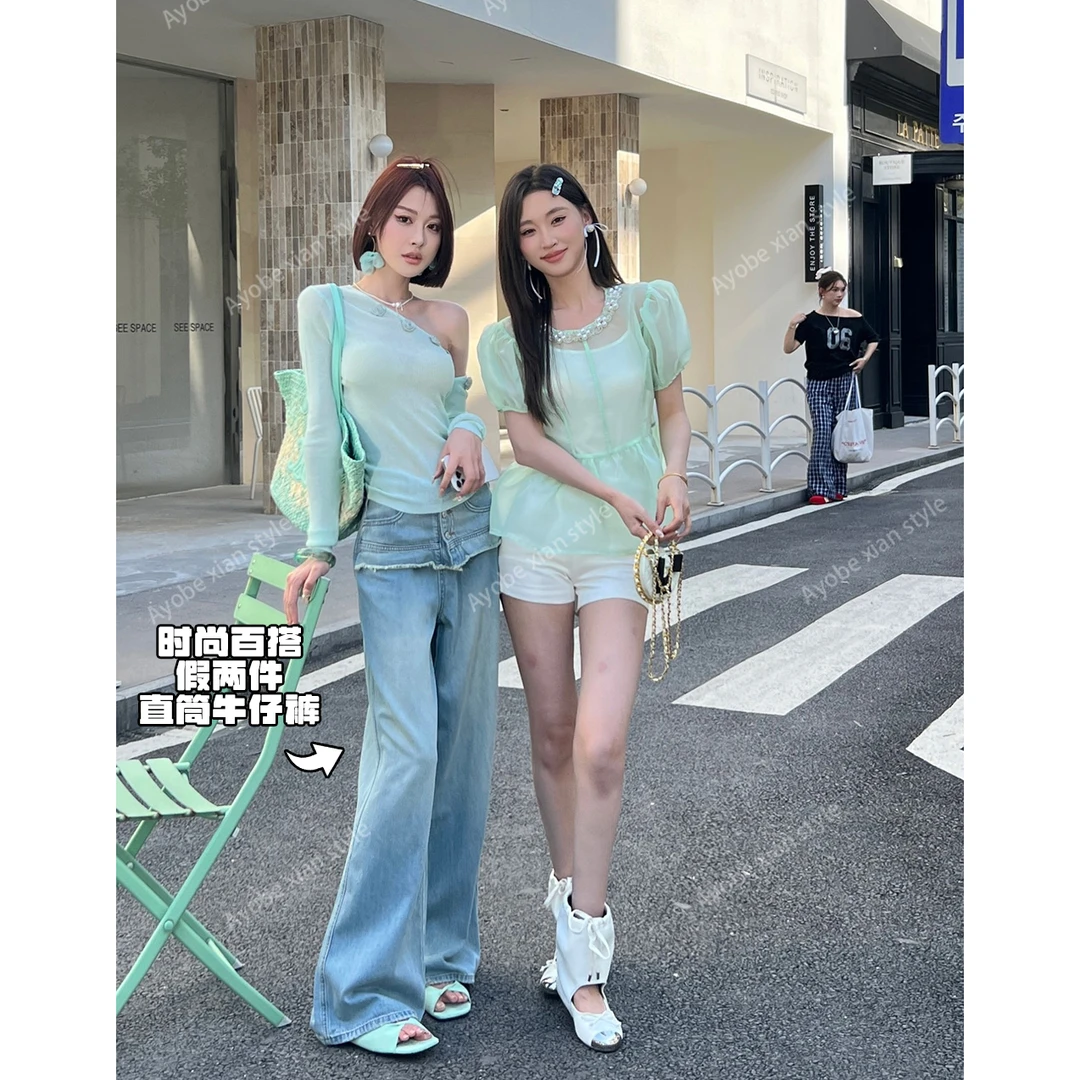 AYOBE小贤/塞纳薄雾~时尚百搭假两件宽松直筒牛仔裤新款拖地长裤