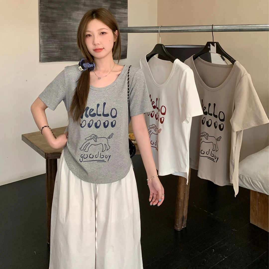 夏装新款胖mm大码韩系慵懒正肩短袖T恤印花显瘦百搭上衣