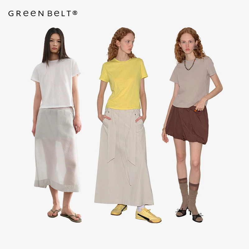 GREEN BELT城市漫游25夏棉涤混纺正肩T恤女简约纯色修身圆领短袖
