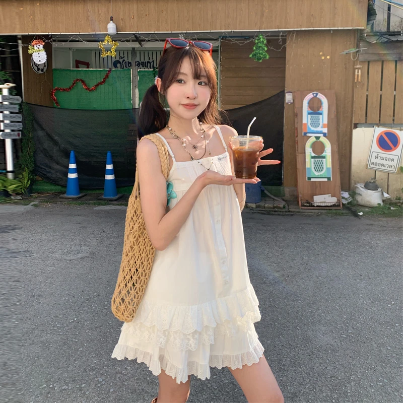 东京岁时记jk吊带连衣裙女夏甜美减龄蕾丝白色短裙学院风吊带裙女