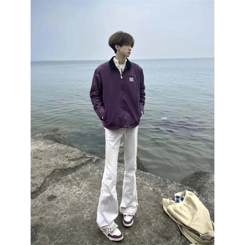 517白色弯刀牛仔裤男款秋季美式微喇裤子cleanfit显瘦直筒长裤潮