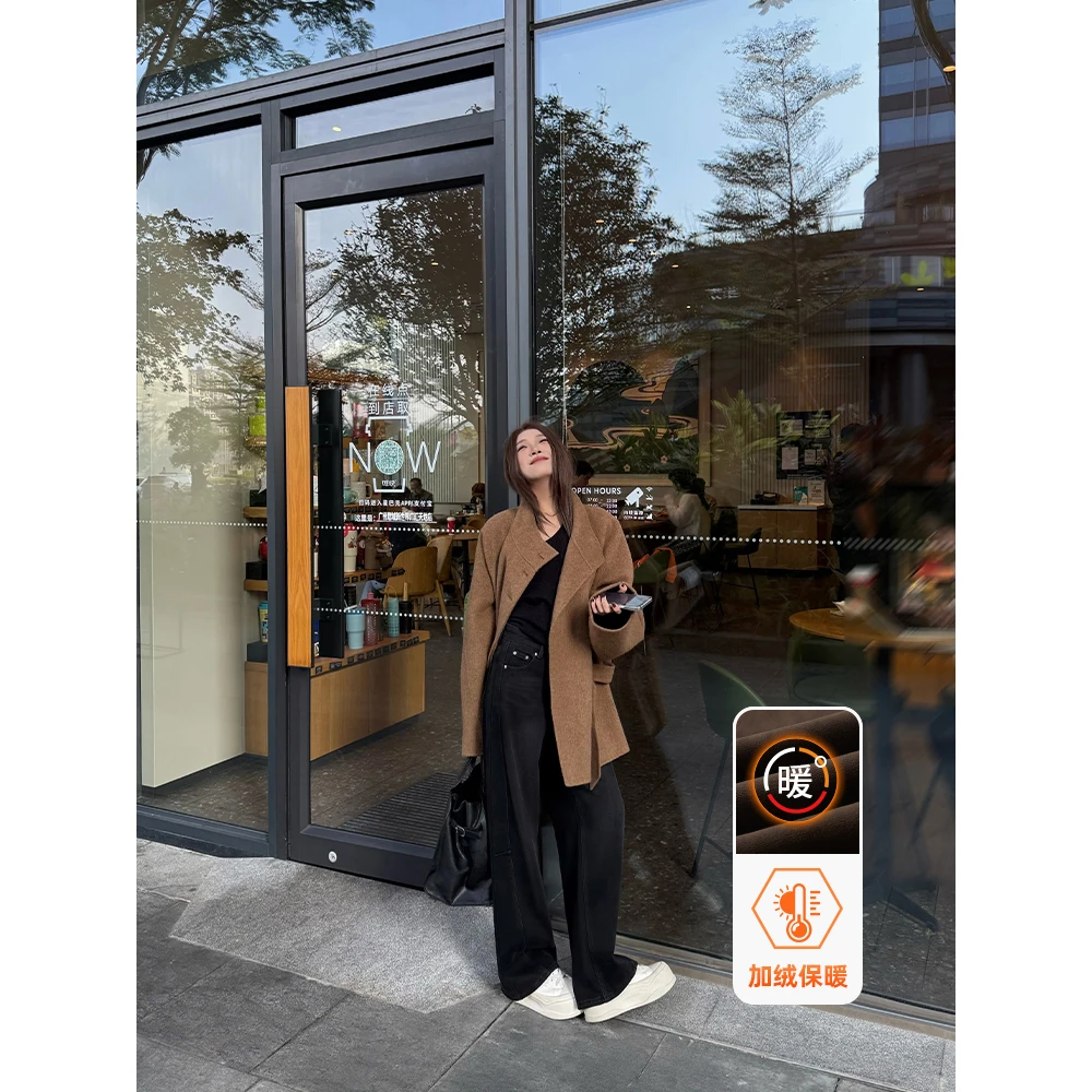 小王家/MeiLi秋冬新款加绒阔腿裤高腰水洗牛仔裤百搭显瘦阔腿裤