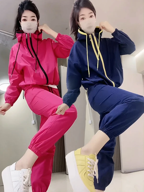 连帽运动风外套束腿裤显瘦休闲套装2025春夏时尚女款两件套