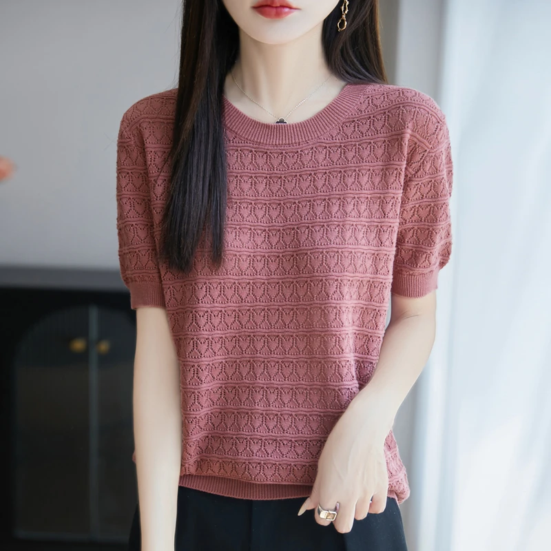 哥弟阿玛施正品女装T恤时尚短袖镂空纯色显瘦圆领针织衫百搭上衣