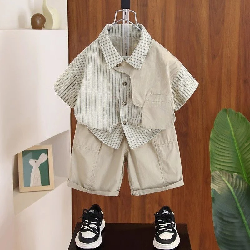 男童夏季痞帅衬衣薄2025新款洋气宝宝短袖衬衫儿童夏装炸街两件套