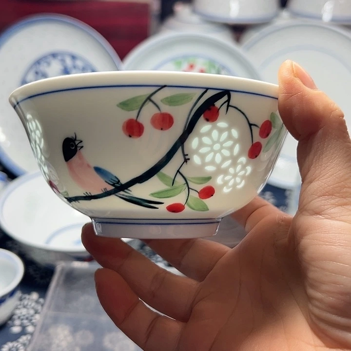 手绘的5寸花鸟饭碗