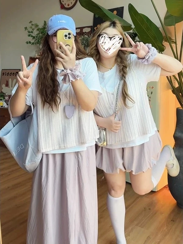 大码休闲条纹短袖T恤女装2025新款夏季胖MM遮肉显瘦吊带上衣-7261