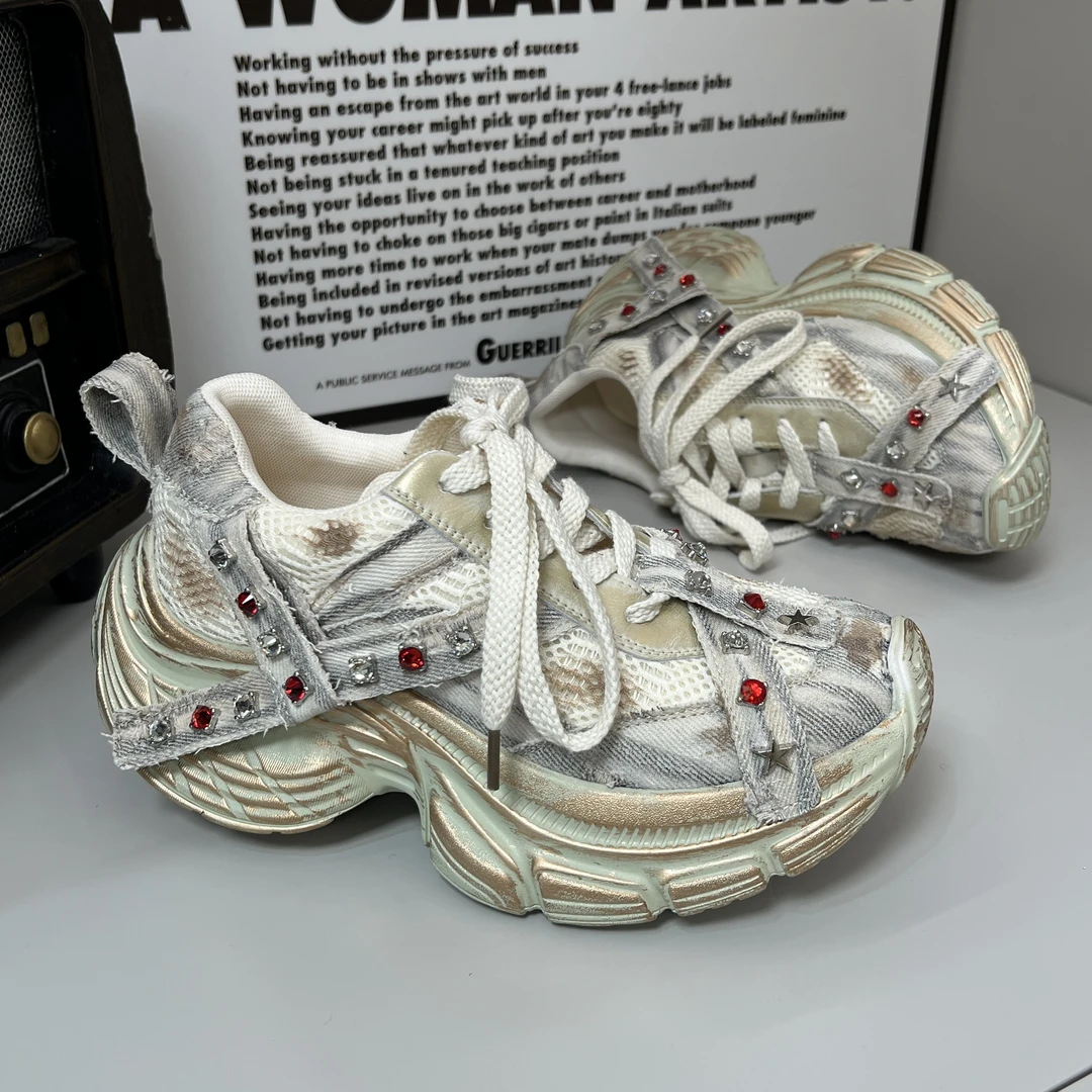 孙大大-欧洲站做旧擦色厚底老爹鞋女2025新款时尚水钻运动鞋
