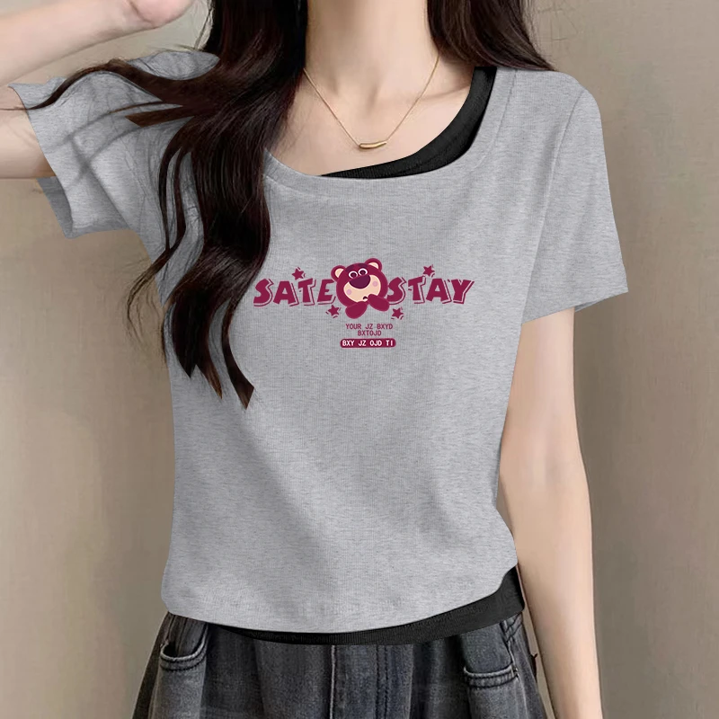 大码胖mm设计感撞色假两件短袖T恤女士夏季ins纯欲风辣妹方领上衣