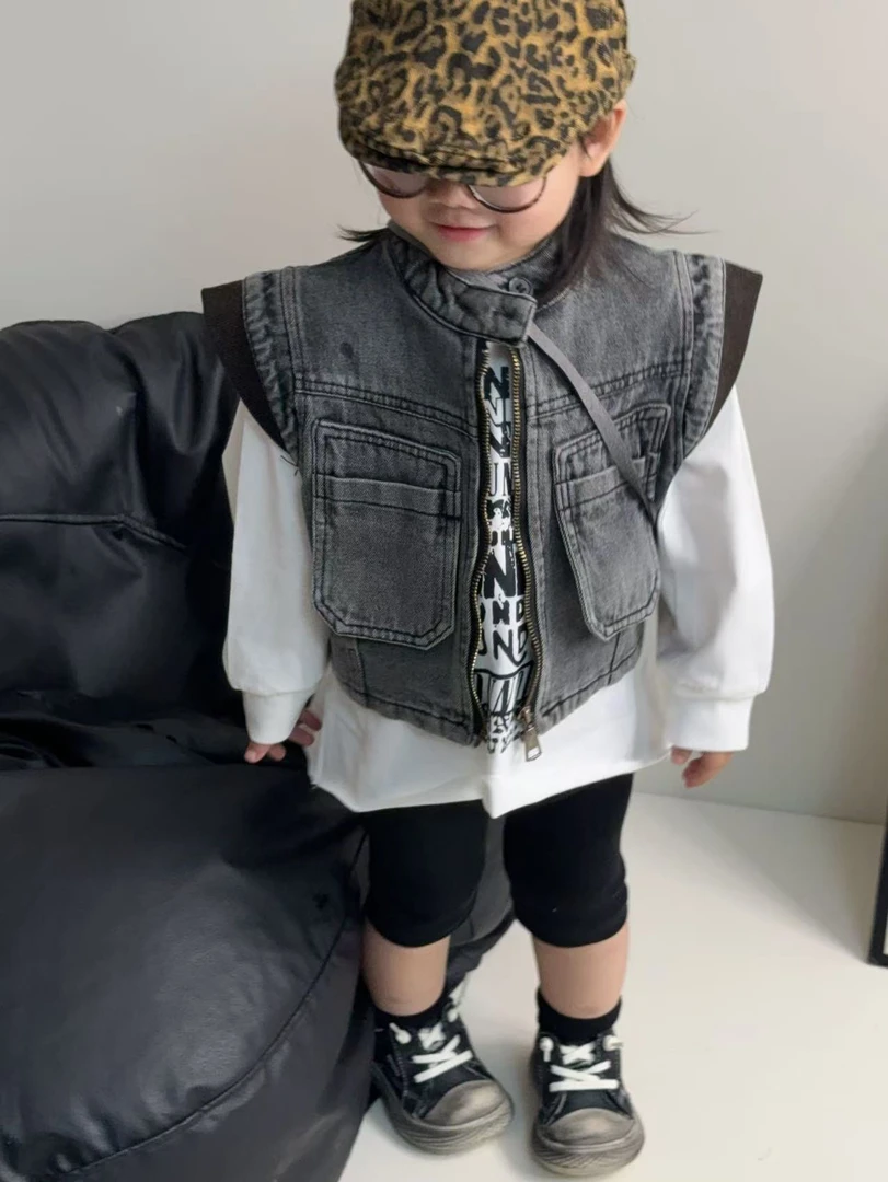 XJ.儿童春夏女童牛仔无袖马甲上衣外套洋气马甲
