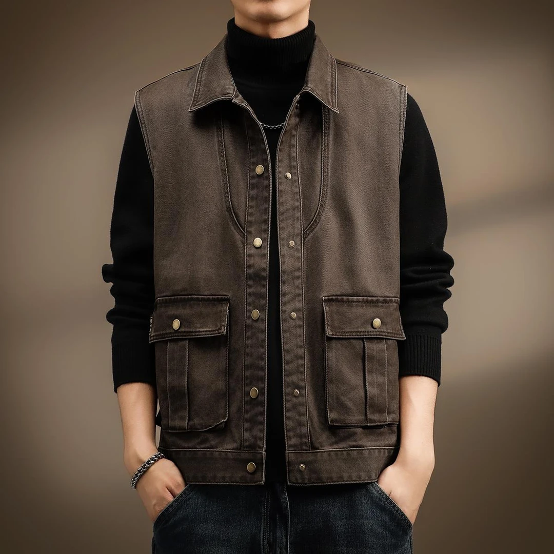 灏吉弧翻领无袖外搭背心男春秋新款户外钓鱼宽松休闲工装外套男