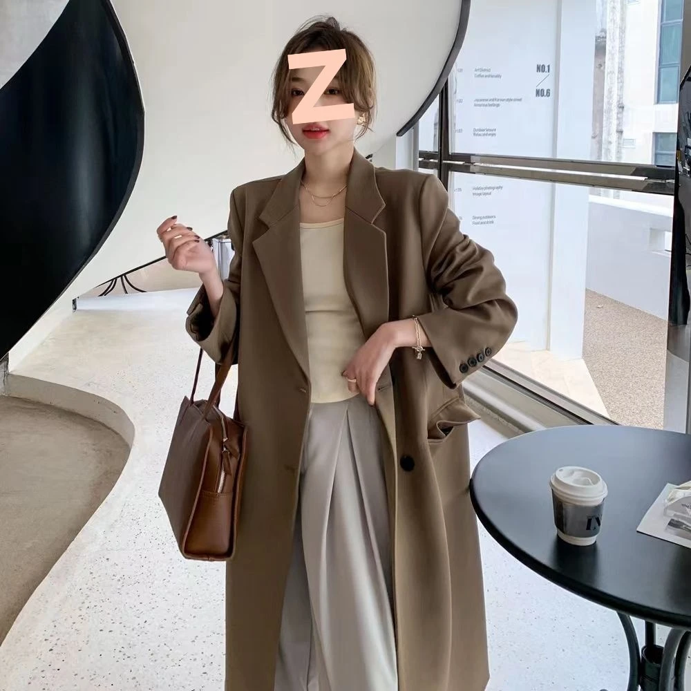 2025春秋季韩版长款西装外套女休闲西服宽松显瘦气质过膝风衣大衣