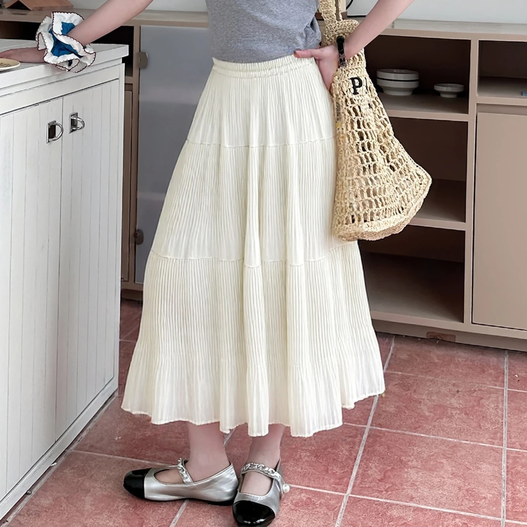 白色女童夏季新款长裙垂坠感蓬松a字裙小个子女孩服装2025