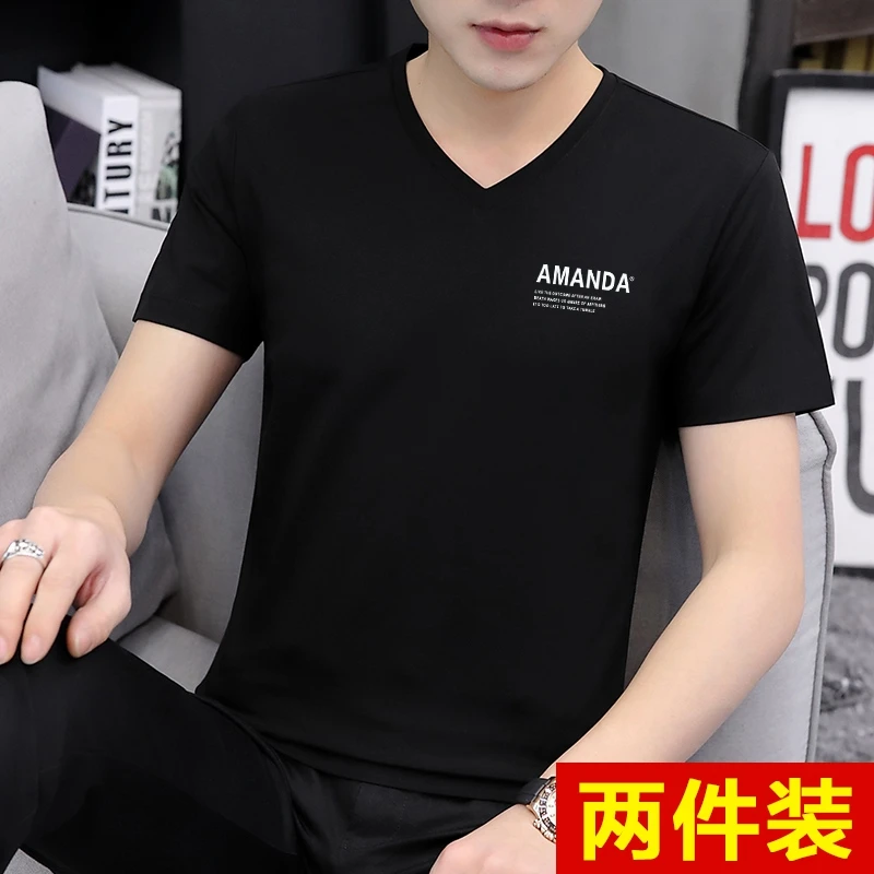 高档纯棉短袖T恤V领夏季韩版修身透气白色百搭男士鸡心领打底体恤