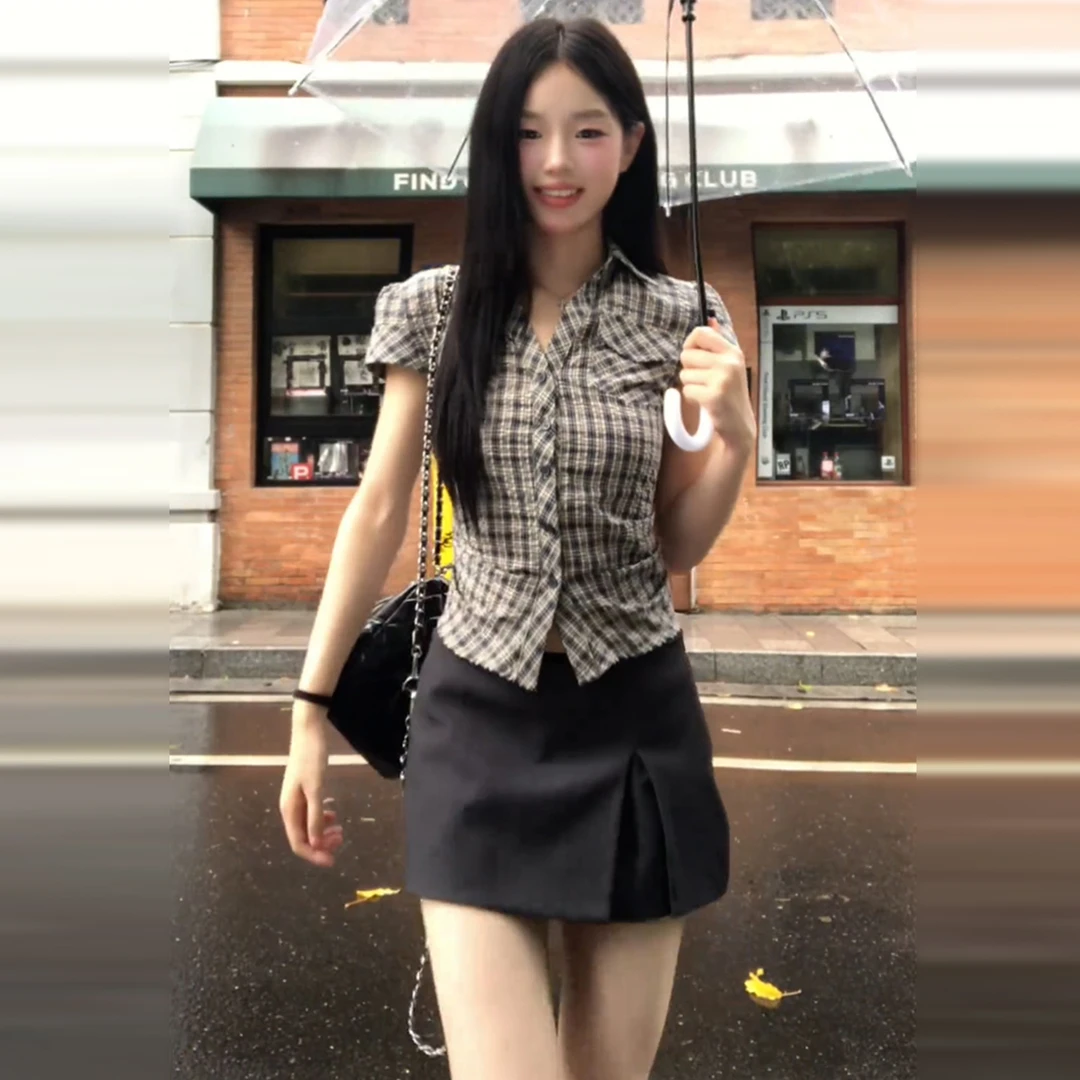 美式复古格子短袖衬衫女夏2025新款掐腰气质衬衣修身显瘦辣妹上衣