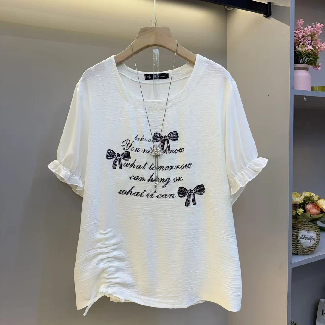 欧货2025圆领抽绳设计感蝴蝶结字母宽松时尚短袖