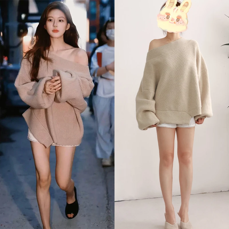 赵露思同款不规则斜摆毛衣宽松慵懒风一字领长袖毛织上衣