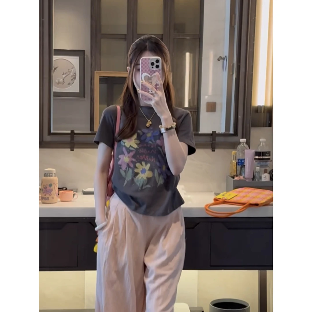 欧洲站灰色美式印花圆领短袖t恤2025新款夏季显瘦减龄上衣女