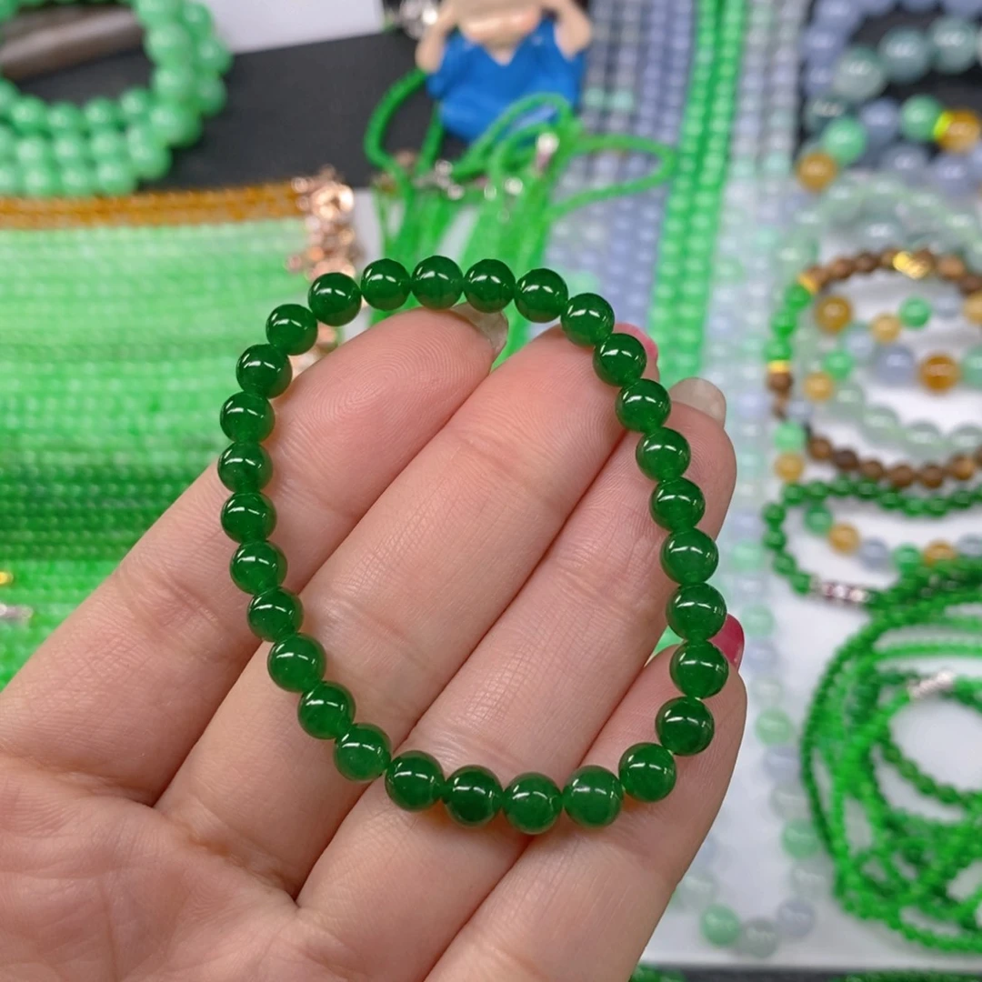 颈饰未镶嵌翡翠缅甸天然翡翠冰种浓阳绿手链6