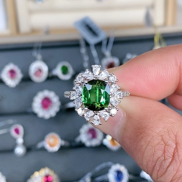 绿色碧玺戒指银S925镶嵌宥*