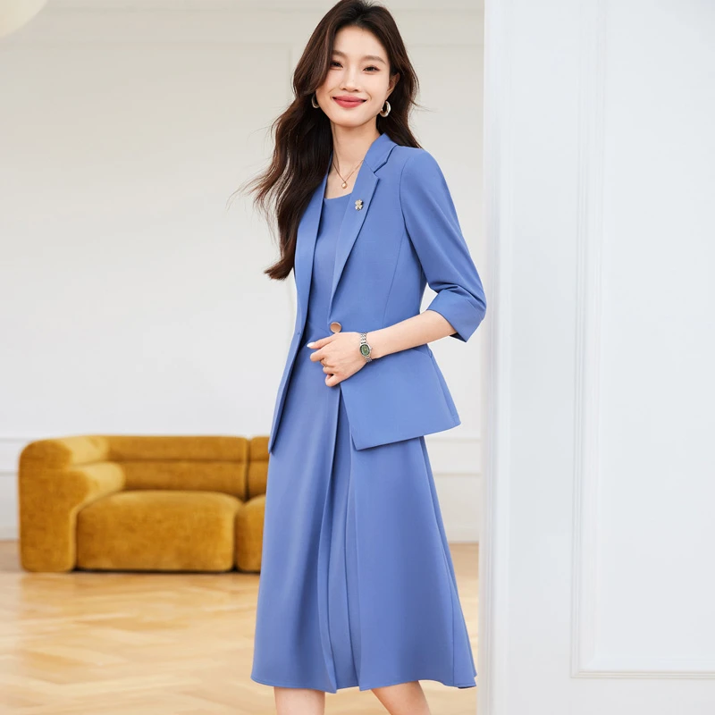 蓝色春夏七分袖西服女外套连衣裙显瘦气质时尚修身名媛女神范西服