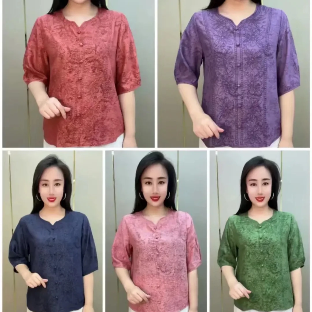 时尚百搭夏季中老年刺绣花宽松妈妈衫舒适透气