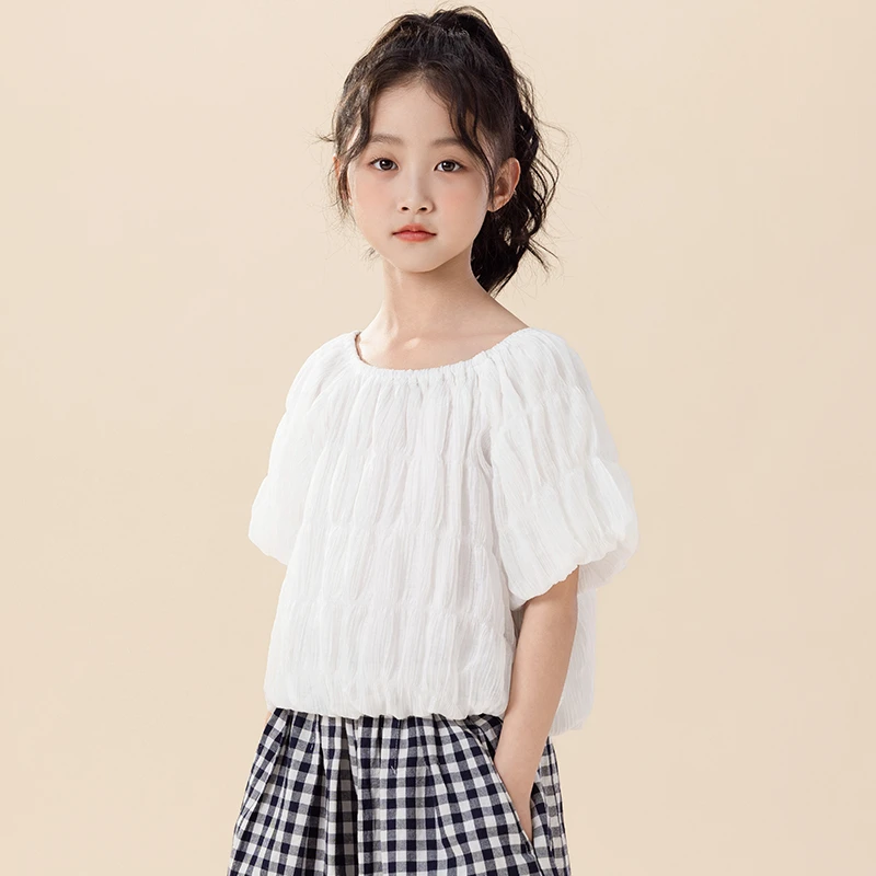 女童短袖白色t恤夏2025新款洋气儿童泡泡袖上衣女孩宽松半袖童装