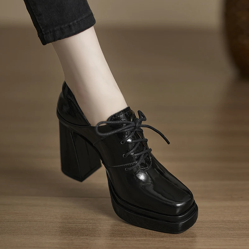 小个子增高9.5cm~防水台粗跟高跟鞋职业小皮鞋两穿系带深口单鞋女
